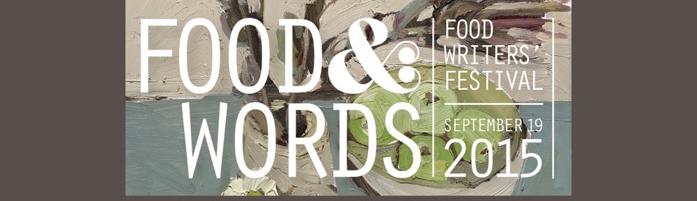 Food and words banner with painting in the background and white text over the top announcing the festival